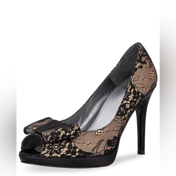 Stuart Weitzman Black & Brown Lace Peep Toe Pumps Heels Women's Size 8.5 - Picture 1 of 13